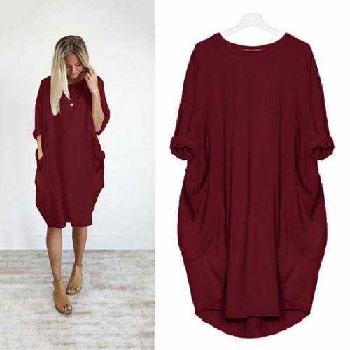 New Womens Casual Oversized Long Sleeve Dress Ladies Pockets Baggy T-Shirt Tops - Picture 17 of 33