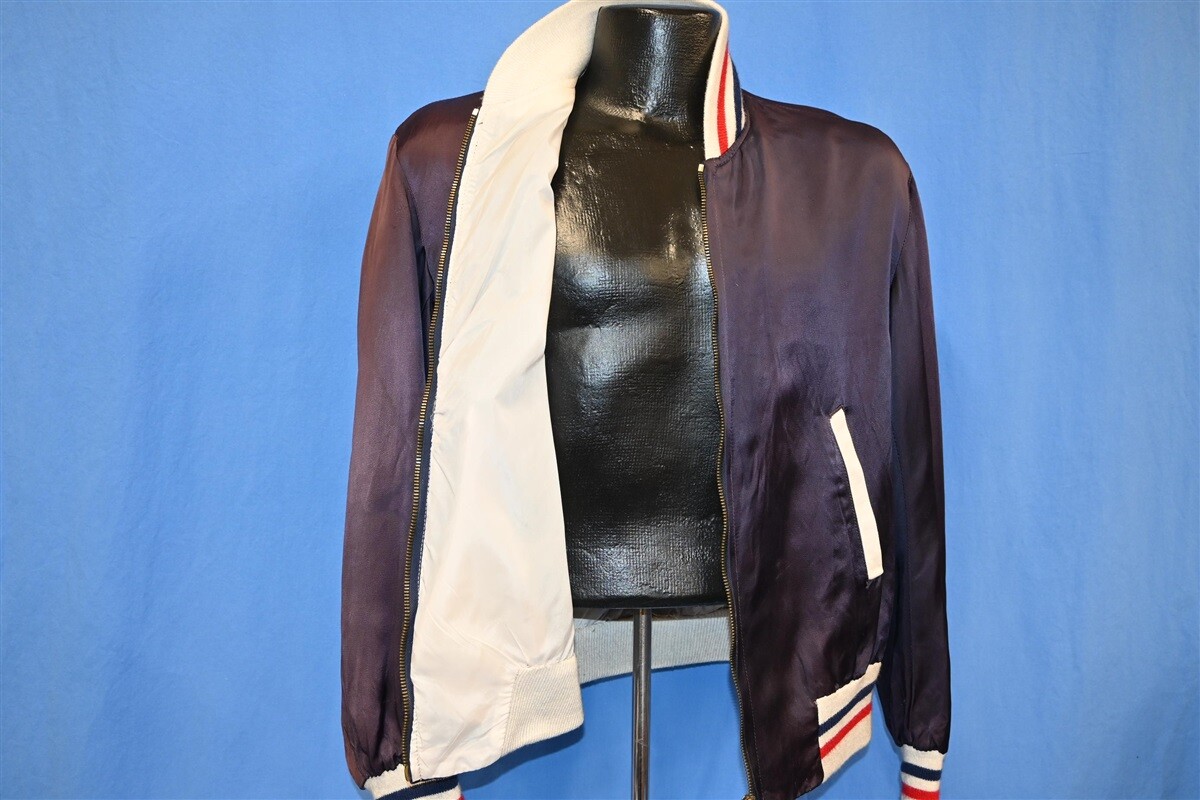 vintage 70s BLUE SATIN ZIP UP RED WHITE CUFFS ECLAIR METAL vintage 70s BLUE SATIN ZIP UP RED WHITE CUFFS ECLAIR METAL