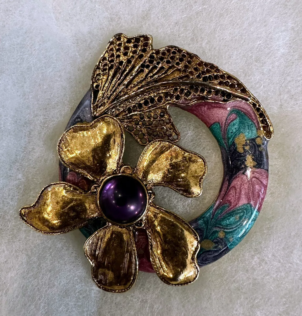 Vintage Brooch Purple Enamel Gold Tone Flower Large Ornate Pin 2.5 x2