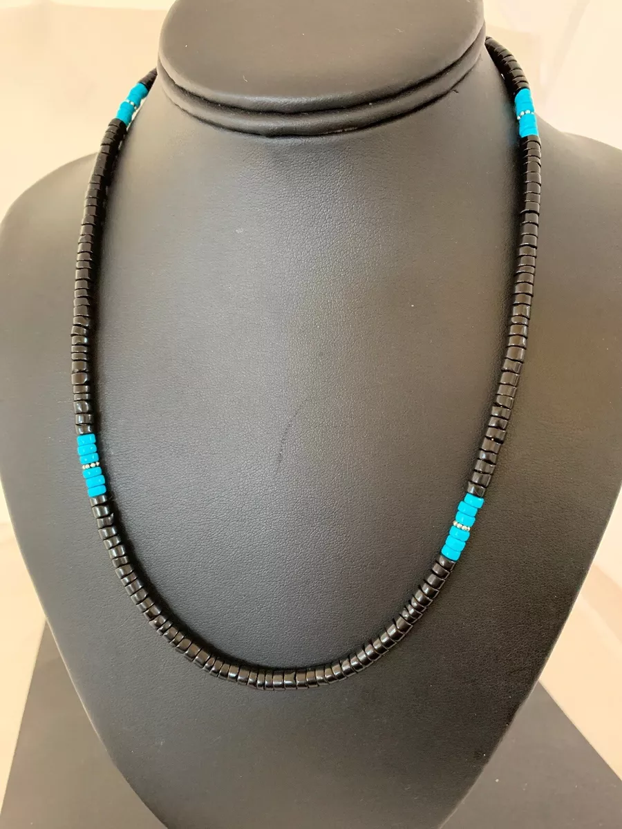 Native Mens Blue Turquoise Heishi Onyx Necklace Navajo Sterling Silver 8823