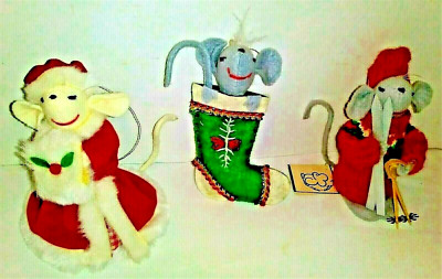 3 Mice Mouse Ornaments by A Nan-Nette hand Med Felt Made in USA 4 1/2'' Vintage