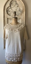 Vintage Cotton Knit Sweater Pullover Short Sleeves With Crochet EUC