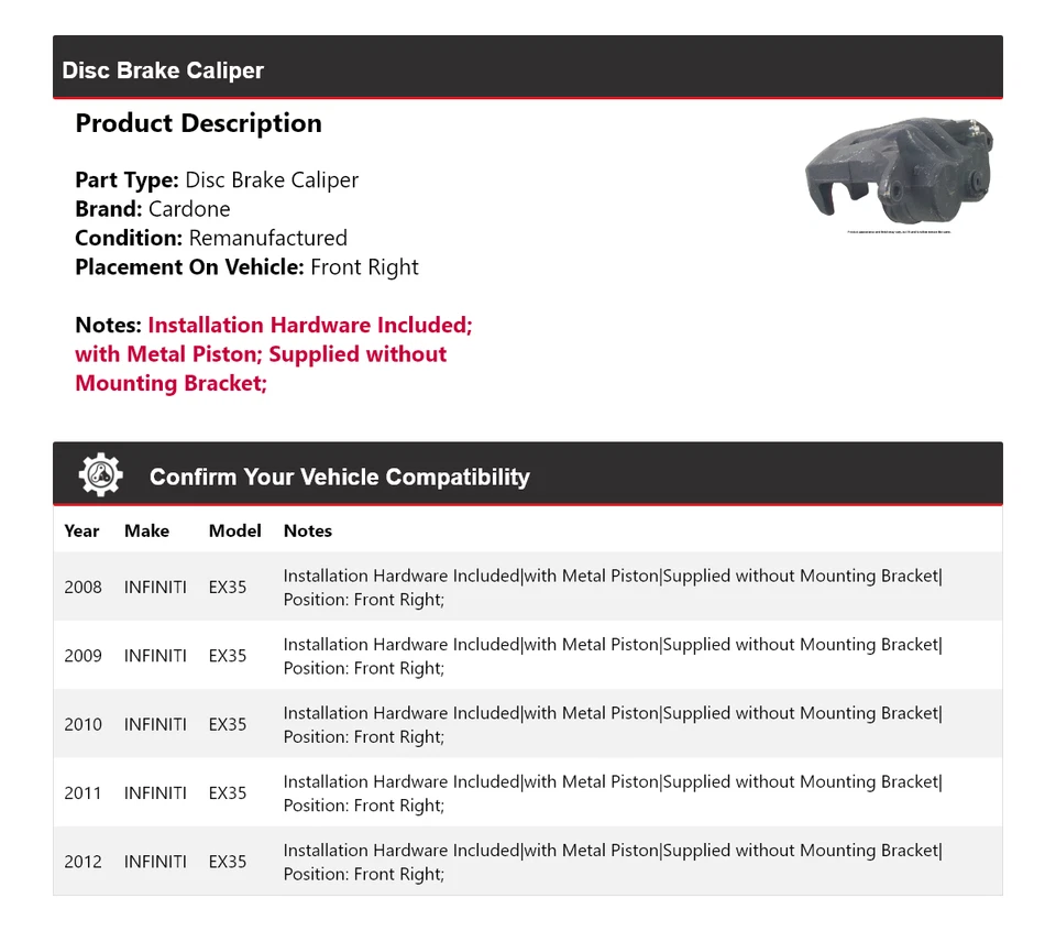 Pinza de freno de disco delantera derecha Cardone 2009 2010 para Infiniti Ex35 2008-2012 Foto 2 de 4