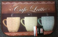 PRINTED NYLON RUG nonskid back 18 x 29" 3 COFFEE CUPS, LATTE by FC, D Shape