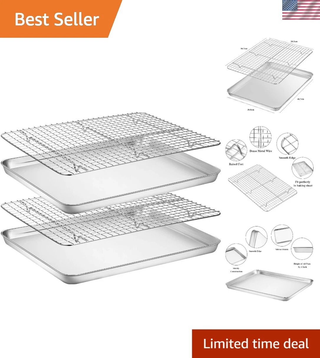 Stainless Steel Baking Sheet and Rack Set - Dishwasher Safe & Durable, 4pc