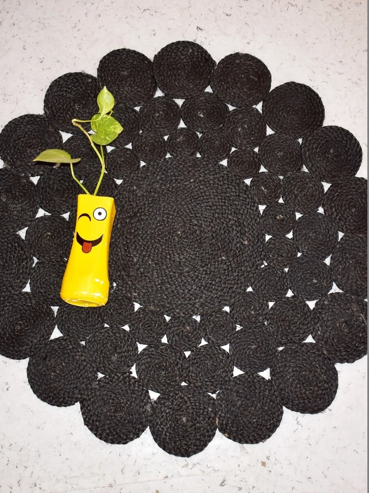 Jute Rug Black Round Circle Design Area Rug for Living Room, Bedroom, Office - Image 3 of 4