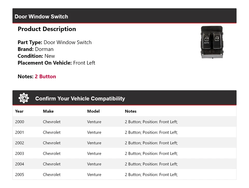 Interruptor de ventana de puerta delantero izquierdo Chevrolet Venture Dorman 2000-2005 2001 2002 Foto 2 de 4