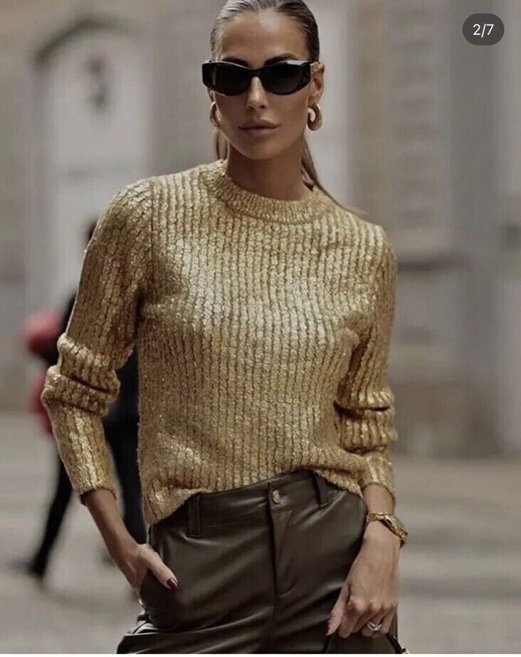 ZARA WOMAN NEW FW23 METALLIC CRACKLED KNIT SWEATER GOLD SIZE ZARA WOMAN NEW FW23 METALLIC CRACKLED KNIT SWEATER GOLD SIZE