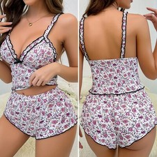 Women 2 Pcs Pajama Set Sleepwear Lingerie Lettuce Trim Cami Top Shorts Nightwear