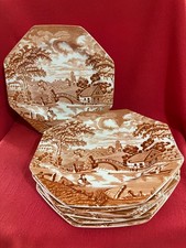 Juego de 8 placas de hierro "Shantung" marrón c 1960 J&G Meakin Royal Staffordshire