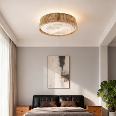 LED 21 inch Ceiling Fan Light Rattan Caged Flush Mount w APP Remote Control Kit