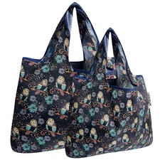 Set of 2 Reusable Tote Bags Deco Owls Eco-Friendly Durable Foldable 44 lbs