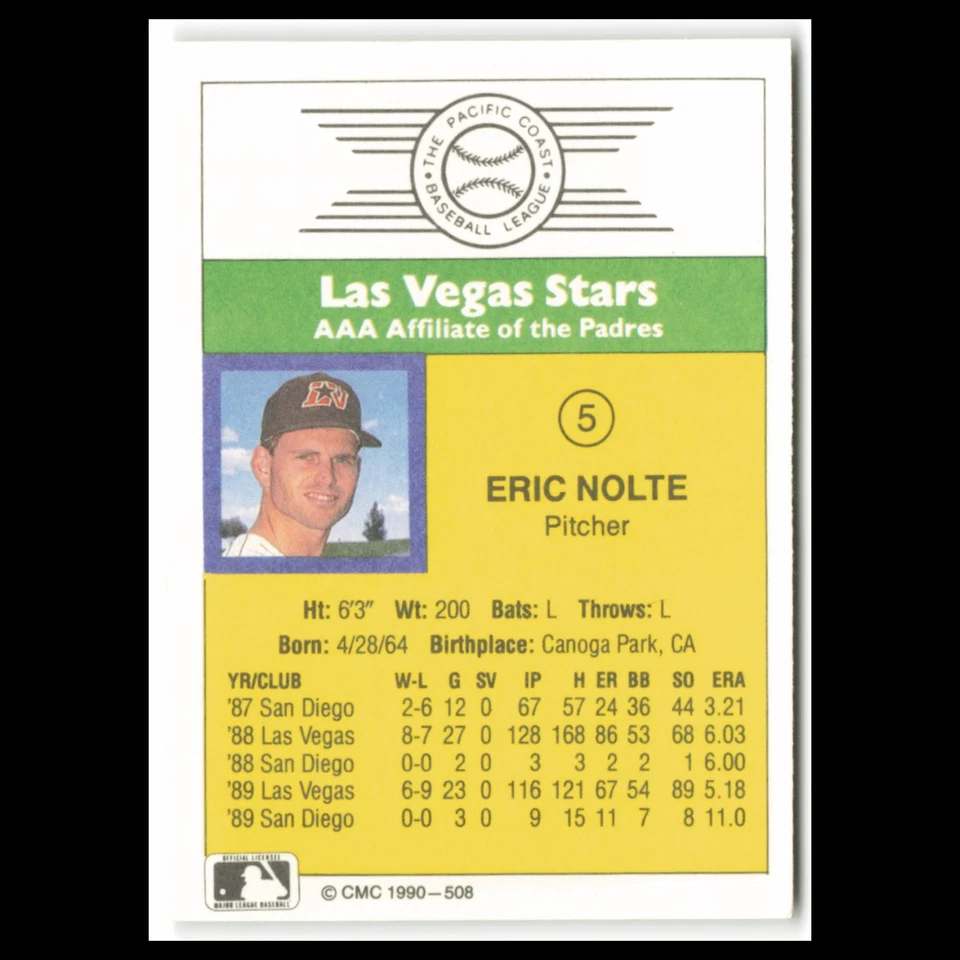 Eric Nolte #5 1990 CMC Pacific Leauge Las Vegas Stars Baseball Card MLB NM - Image 2 of 3