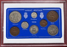 British 1936 King George V Set with 5 Silver Coins: Farthing - Half-Crown ~ Case