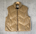 Zara Women's Puffer Vest Gilet Tan Faux Lambskin Leather Zip Up Pockets Size XS