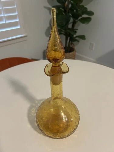 Blenko Yellow Crackle Glass Decorative Glossy Bottle with Stopper