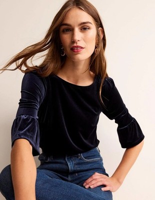 Boden - Velvet Ruffle-Cuff Top - Damen Oberteil Samt Navy NEU - UK 14 EU 42