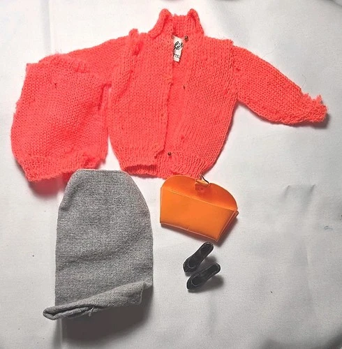 Vintage Barbie Sweater #976 Orange Cardigan Sweater Gray Skirt Pumps Purse
