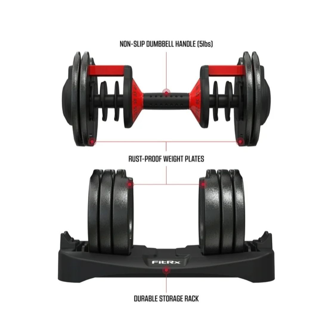 FitRx Adjustable Dumbbells, 52.5lb SmartBell Dumbbell Set with Quick-Select Weig