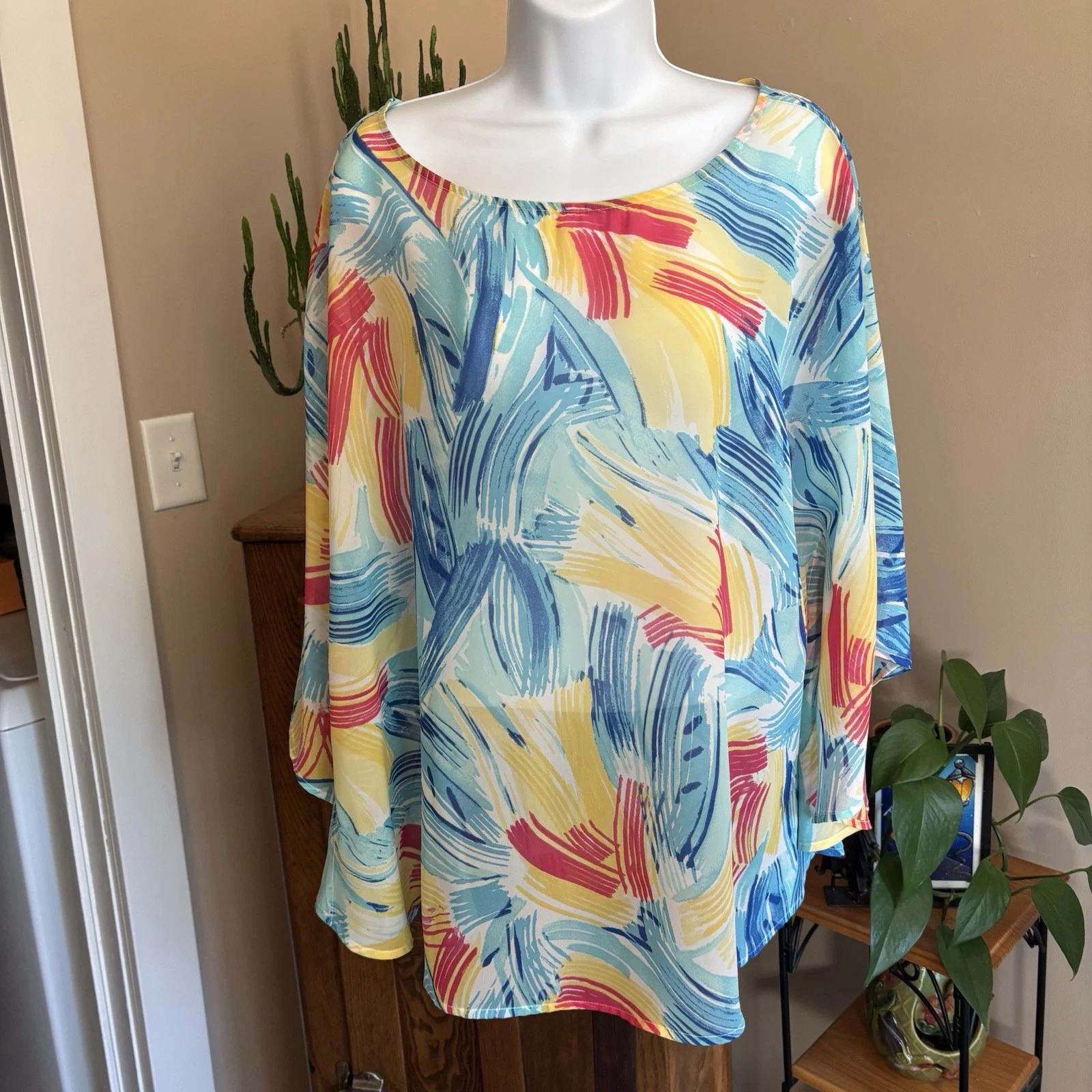 Chico's L/XL Colorful Strokes Chianti Poncho Semi Sheer Art To Wear Beach Resort