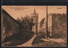 AK Gransee, Partie an der Stadtmauer mit Pulverturm und Ruppiner Tor 