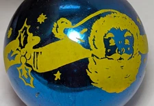 RARE Blue Stenciled Shiny Brite Yellow Santa & Ribbon Glass Ornament 2.75"