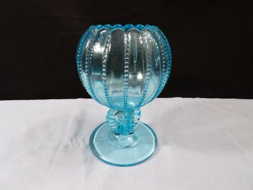 Fenton for L.G. Wright Blue Glass Beaded Panels Rose Bowl or Ivy Ball Vase INV2