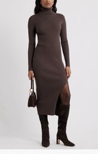Slim Ribbed Turtleneck Midi Dress In Brown | Size S