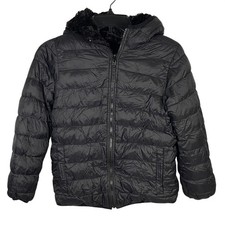 Lands End Kids Reversible Hooded Puffer Jacket Size L 10-12 Black Faux Fur