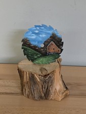 Hand Painted 3" Saw Blade Cabin Scene Signed On Wood Stand