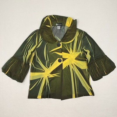 Damee Inc Jacket Womens L Green Abstract Artsy Whimsy 2-Button Sheer Bell Sleeve