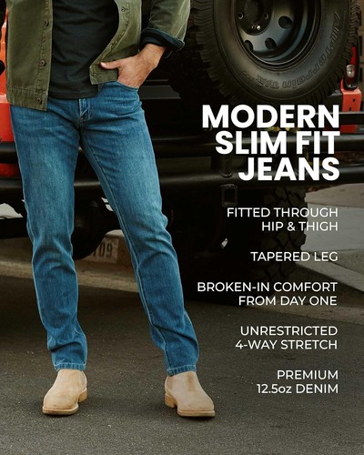 INTO THE AM Medium Indigo Mens Jeans - Legacy Stretch Denim Slim Fit Tapered Leg - Picture 4 of 6