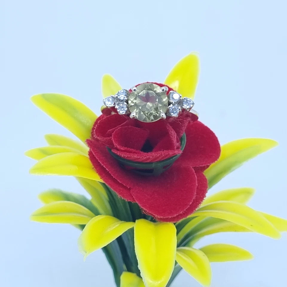 925 Argento Sterling 4.46 Grammi Naturale Limone Quarzo Con Zirconi Misura 6 J1 - Immagine 2 di 4