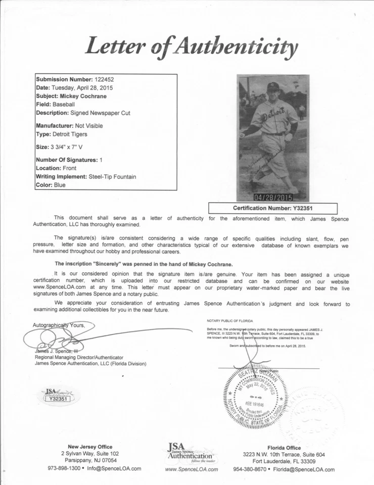 Papel de prensa firmado Mickey Cochrane foto 4x7 certificado por la JSA Detroit Tigers automático Foto 3 de 3