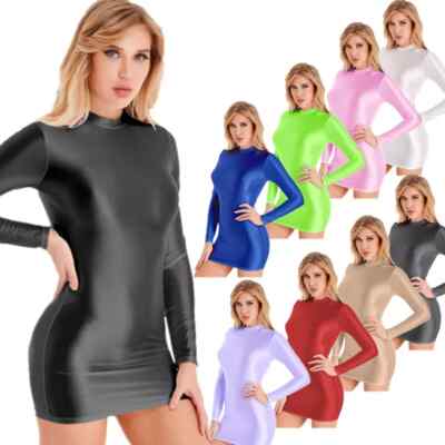 DE Wetlook Kleid Damen Minikleid Glänzend Kurzarm Bleistiftkleid Party Clubwear