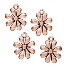 Charm, Drop, 4 Antiqued Copper Plated Pewter 14mm Petal Flower Charms *