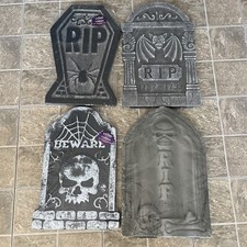 Set Of 4 Foam Tombstone Graveyard Headstones Stakes Halloween Decor RIP Beware