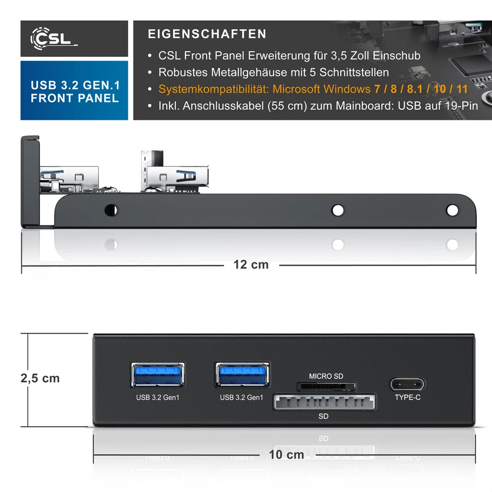 CSL Cardreader USB 3.2 gen1 Front Panel V2 2 x Typ A 1 x Typ C MicroSD + SD Slot - Bild 2 von 4