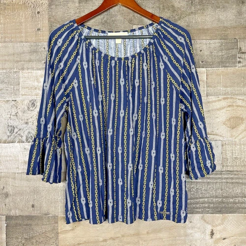 New MICHAEL KORS Women's Basic Top Size L Navy Blue Vertical Chains 3/4 Sleeve