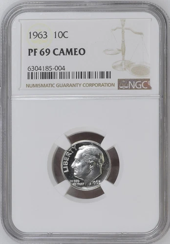 1963 Roosevelt Dime, Proof 10C NGC, PF 69 Cameo, PR69CAM.