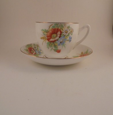 Duchess Bone China Teacup & Saucer Orange Poppy White & Blue Flowers