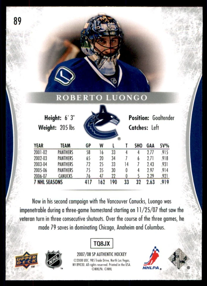 2007-08 SP Authentic Roberto Luongo #89 - Image 2 of 2