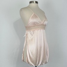 Womens Babydoll Coquette Soft Girl Cami Sz Small Satin Lace Bow Side Slits Pink
