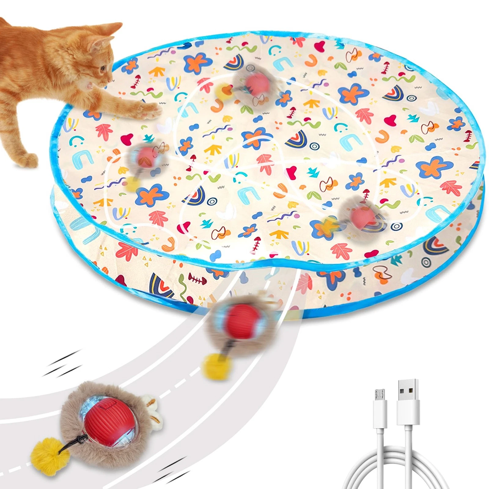 GRETMIX Interactive Cat Toys, Fast Rolling Ball in Play Mat, Colorful
