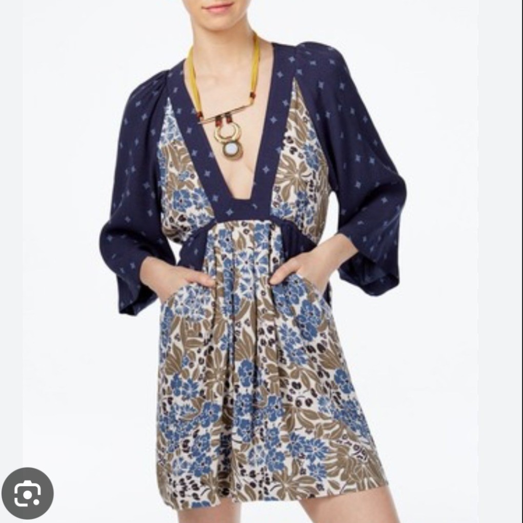Free People Talulla Printed Mini Dress Boho Blue Floral Kimono Sleeve XS