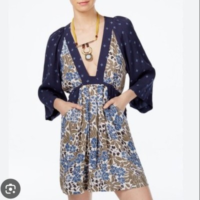 Free People Talulla Printed Mini Dress Boho Blue Floral Kimono Sleeve XS
