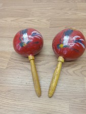 Vintage Hand Painted Mexican Maracas Red Festive Mexico South Of The Border