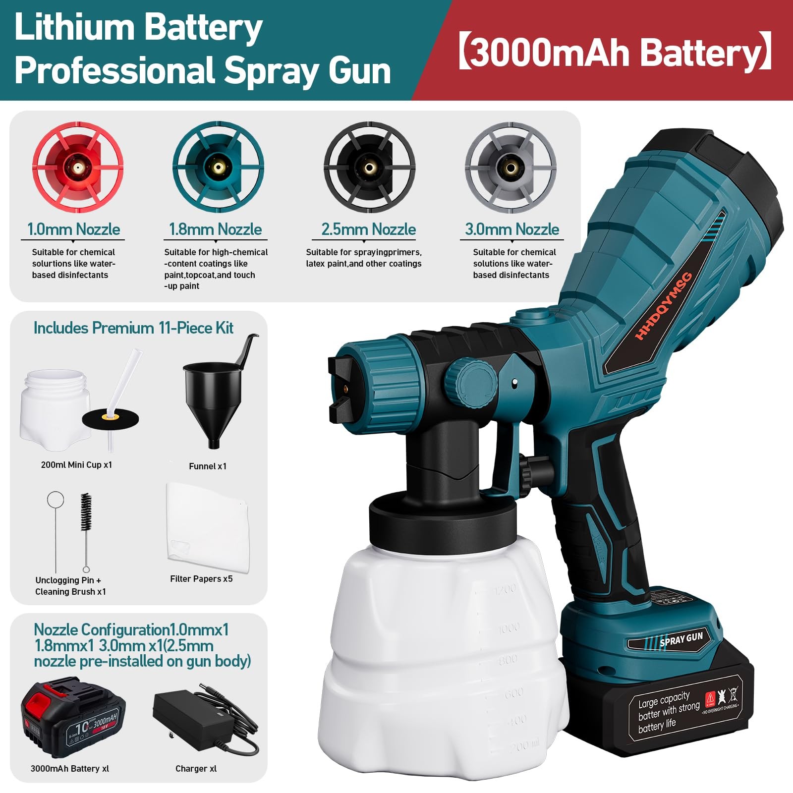Cordless Paint Sprayer, Battery Power Sprayer with 3000mAh, 4 Nozzles and 3 P...