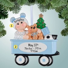 Personalized New Baby in Wagon - Boy Christmas Ornament - New Addition