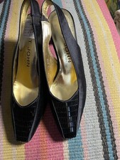 VTG St. John Black Satin Slingback Heels Square Toe Block Pump 6.5 B Ital